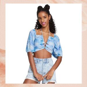 Blue Floral Puff Sleeve Cropped Blouse